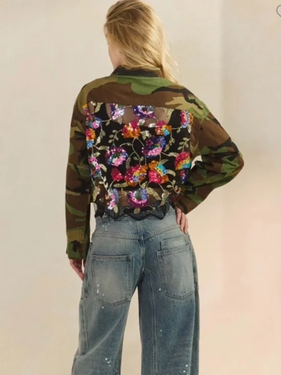 Camo Utility Jacket with Multicolor Sequin Floral Back - Picture 6 of 6